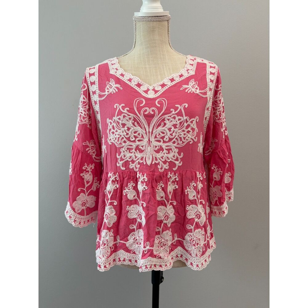 Ana & Rose Womens XLP Pink Embroidered Butterfly Boho Peasant Top Bell Sleeve